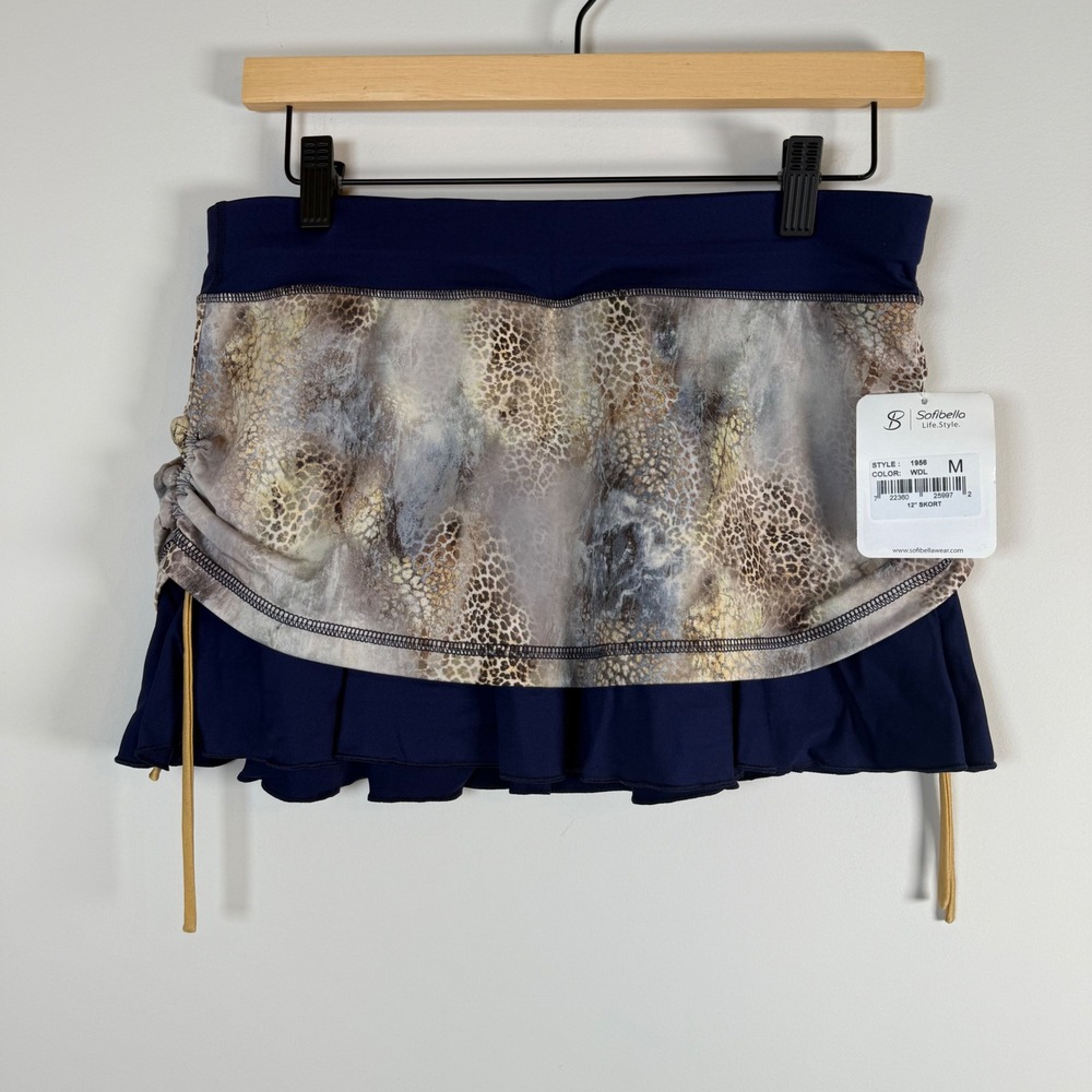 NEW Sofibella 12" Skort Tennis Skirt Medium Navy Animal Print Ruched Ruffle NWT